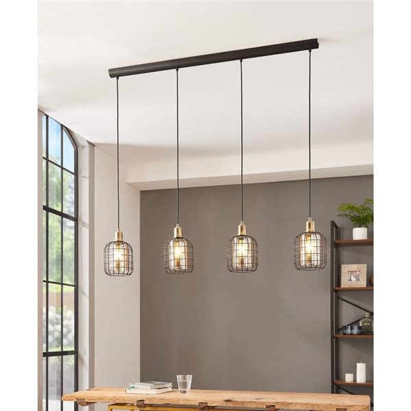 Lámpara Colgante lineal CHISLE de 4 Luces con Cestas de Alambre Negro y Vidrio Ámbar, E27