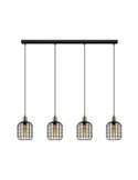 Lámpara Colgante lineal CHISLE de 4 Luces con Cestas de Alambre Negro y Vidrio Ámbar, E27