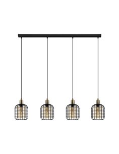 Lámpara Colgante lineal CHISLE de 4 Luces con Cestas de Alambre Negro y Vidrio Ámbar, E27