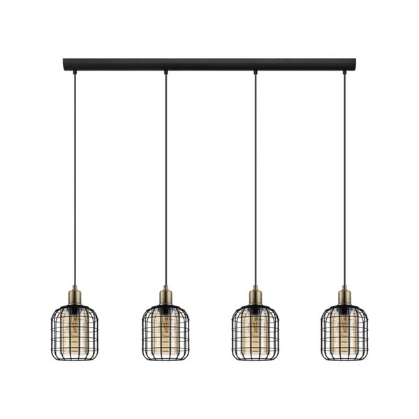 Lámpara Colgante lineal CHISLE de 4 Luces con Cestas de Alambre Negro y Vidrio Ámbar, E27