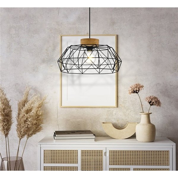 Lámpara Colgante PADSTOW con 1 Luz en Negro y Madera, E27