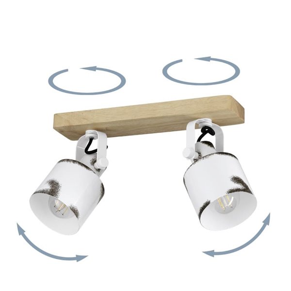 Regleta de Focos para Techo KILBURN con 2 Focos Móviles en Madera y Metal Blanco, 2XE27