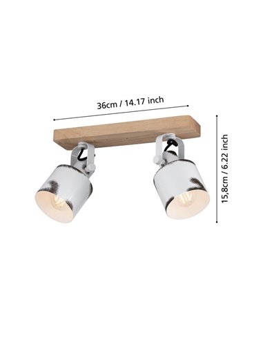 Regleta de Focos para Techo KILBURN con 2 Focos Móviles en Madera y Metal Blanco, 2XE27