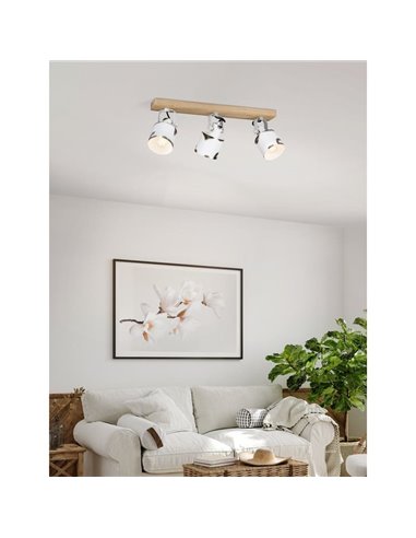 Regleta de Focos orientables KILBURN con 3 Focos Móviles, Madera y Metal Blanco, E27