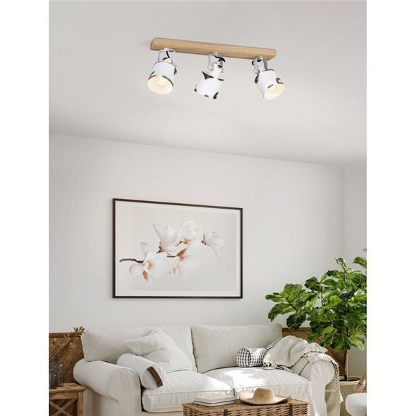 Regleta de Focos orientables KILBURN con 3 Focos Móviles, Madera y Metal Blanco, E27