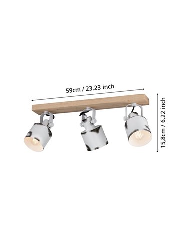 Regleta de Focos orientables KILBURN con 3 Focos Móviles, Madera y Metal Blanco, E27