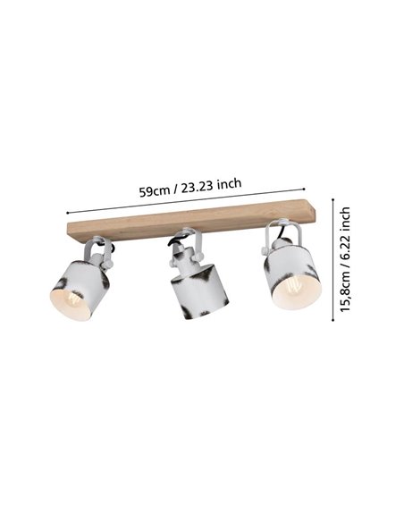 Regleta de Focos orientables KILBURN con 3 Focos Móviles, Madera y Metal Blanco, E27