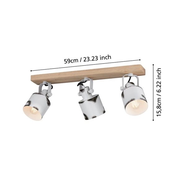 Regleta de Focos orientables KILBURN con 3 Focos Móviles, Madera y Metal Blanco, E27