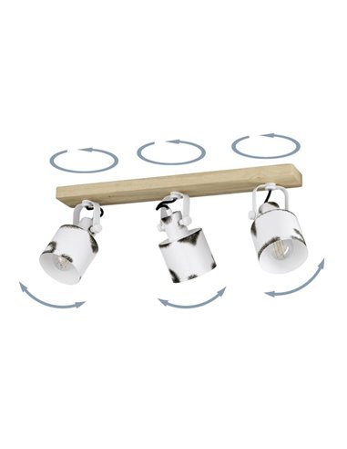 Regleta de Focos orientables KILBURN con 3 Focos Móviles, Madera y Metal Blanco, E27