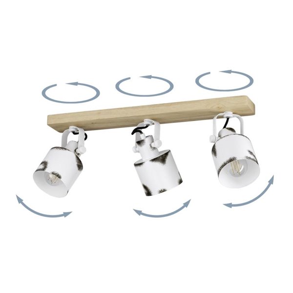 Regleta de Focos orientables KILBURN con 3 Focos Móviles, Madera y Metal Blanco, E27