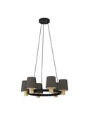Lámpara Colgante EDALE Redonda de Metal Negro y Madera con Pantallas Textiles Capuchino, Ø70cm, 6XE27