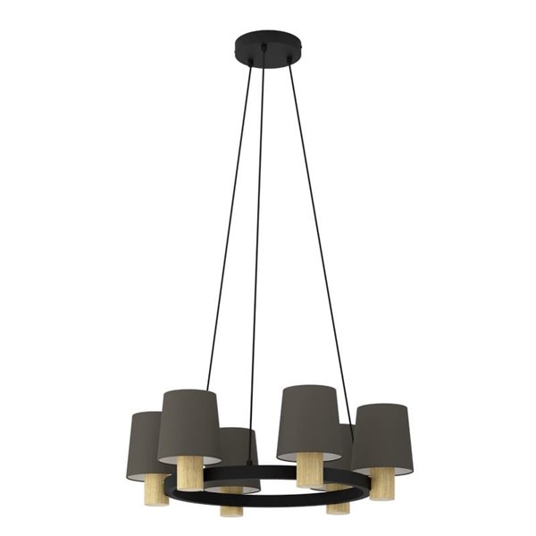 Lámpara Colgante EDALE Redonda de Metal Negro y Madera con Pantallas Textiles Capuchino, Ø70cm, 6XE27