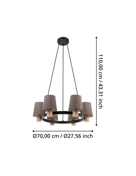 Lámpara Colgante EDALE Redonda de Metal Negro y Madera con Pantallas Textiles Capuchino, Ø70cm, 6XE27