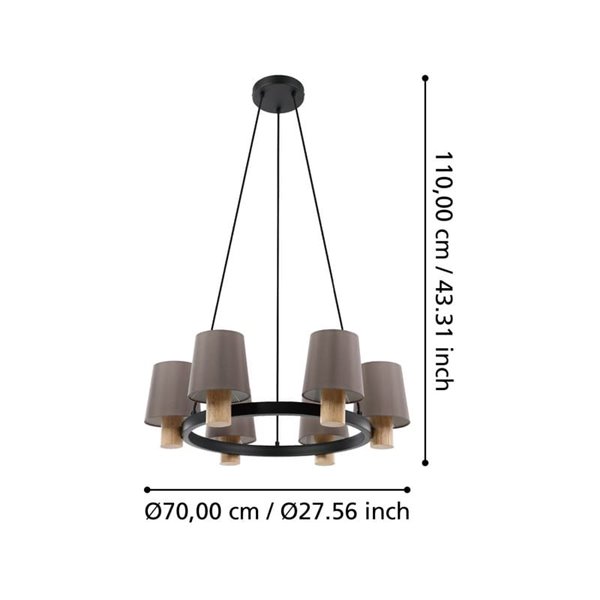Candeeiro suspenso redondo EDALE de metal preto e madeira com abajures têxteis Cappuccino, Ø70cm, 6XE27