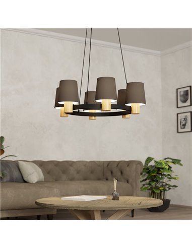 EDALE Suspension ronde en métal noir et bois avec abat-jour textile cappuccino, Ø70cm, 6XE27