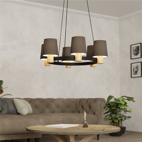 Candeeiro suspenso redondo EDALE de metal preto e madeira com abajures têxteis Cappuccino, Ø70cm, 6XE27