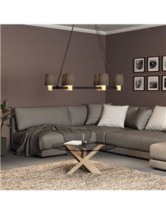 Lámpara Colgante Ovalada EDALE de Metal Negro y Madera con Pantallas Textiles Capuchino, 6XE27 2