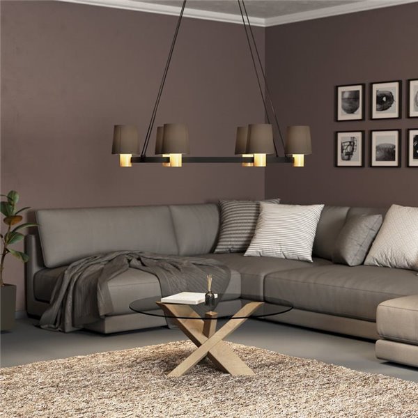 Lámpara Colgante Ovalada EDALE de Metal Negro y Madera con Pantallas Textiles Capuchino, 6XE27