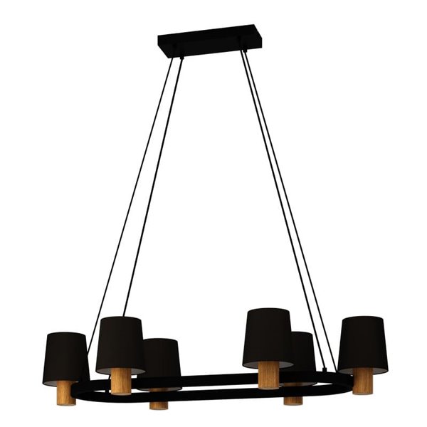 Candeeiro suspenso oval EDALE em metal preto e madeira com abajures têxteis Cappuccino, 6XE27