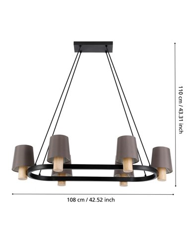 Lámpara Colgante Ovalada EDALE de Metal Negro y Madera con Pantallas Textiles Capuchino, 6XE27