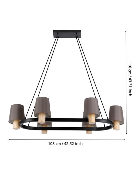 Candeeiro suspenso oval EDALE em metal preto e madeira com abajures têxteis Cappuccino, 6XE27