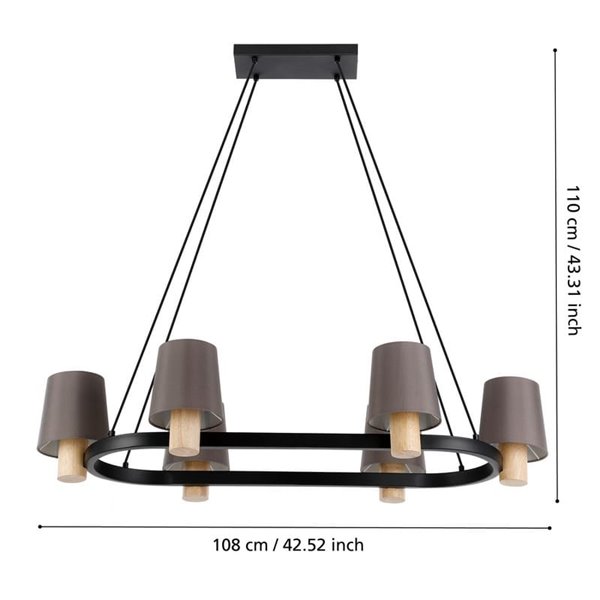 Candeeiro suspenso oval EDALE em metal preto e madeira com abajures têxteis Cappuccino, 6XE27