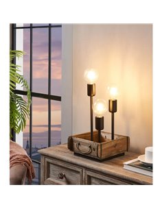 Lampe de table WOOTTON avec boîte en bois vintage et 3 douilles en métal noir, E27 2