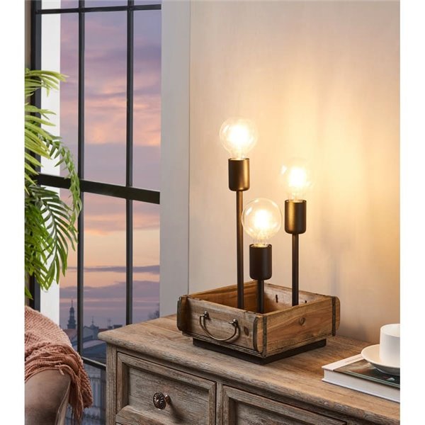 Lampe de table WOOTTON avec boîte en bois vintage et 3 douilles en métal noir, E27