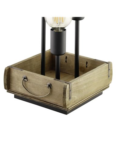 Candeeiro de mesa WOOTTON com caixa de madeira vintage e 3 suportes de metal preto, E27