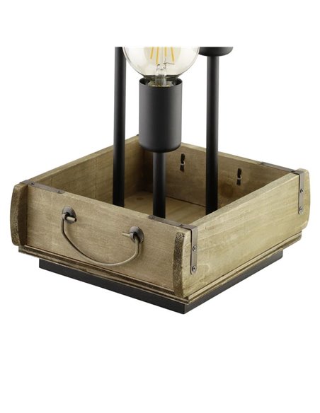 Lámpara de Sobremesa WOOTTON con Caja de Madera Vintage y 3 Portalámparas de Metal Negro, E27