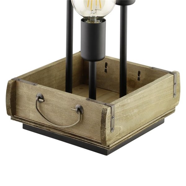 Candeeiro de mesa WOOTTON com caixa de madeira vintage e 3 suportes de metal preto, E27