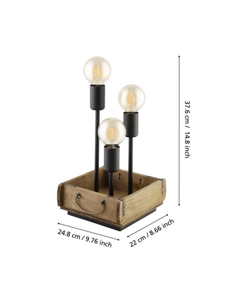 Candeeiro de mesa WOOTTON com caixa de madeira vintage e 3 suportes de metal preto, E27