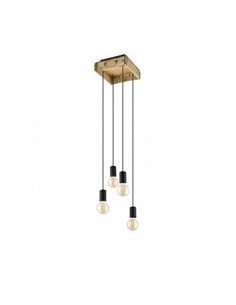 Lampe à suspension WOOTTON avec boîte en bois vintage et 4 supports de lampe en métal noir, 4XE27