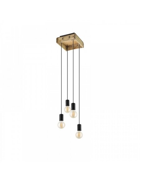 Candeeiro suspenso WOOTTON com caixa de madeira vintage e 4 suportes de metal preto, 4XE27