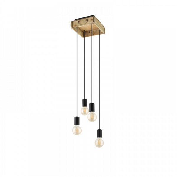 Candeeiro suspenso WOOTTON com caixa de madeira vintage e 4 suportes de metal preto, 4XE27