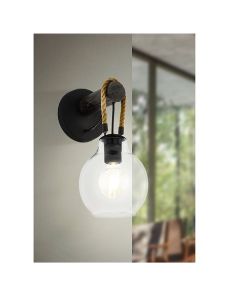 Aplique de Pared RODING con Pantalla de Cristal y Cuerda de Cáñamo, E27