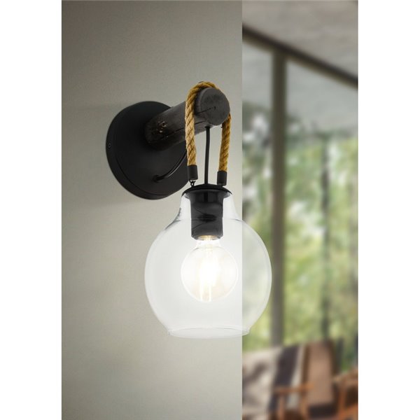 Aplique de Pared RODING con Pantalla de Cristal y Cuerda de Cáñamo, E27