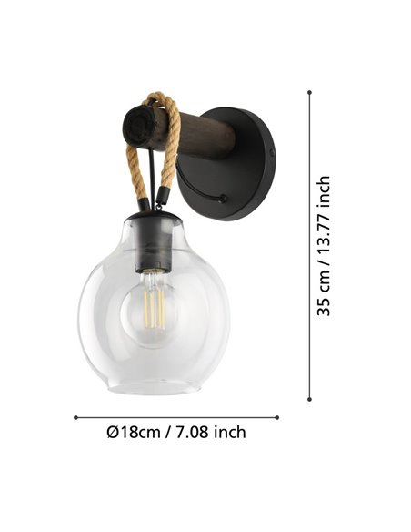 Aplique de Pared RODING con Pantalla de Cristal y Cuerda de Cáñamo, E27