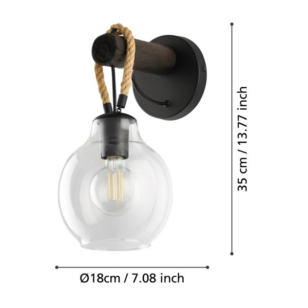 Aplique de Pared RODING con Pantalla de Cristal y Cuerda de Cáñamo, E27