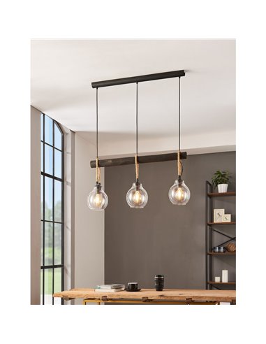 Lampe à suspension RODING avec 3 abat-jour en verre et cordes de chanvre, 3XE27