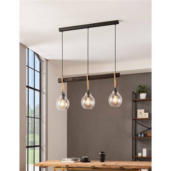 Lampe à suspension RODING avec 3 abat-jour en verre et cordes de chanvre, 3XE27