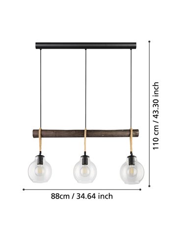 Lampe à suspension RODING avec 3 abat-jour en verre et cordes de chanvre, 3XE27