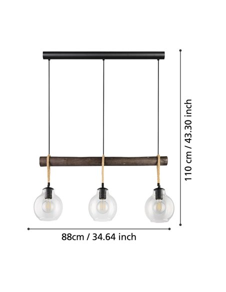 Lámpara Colgante RODING con 3 Pantallas de Cristal y Cuerdas de Cáñamo, 3XE27