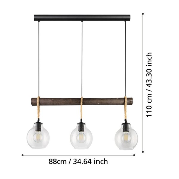 Lampe à suspension RODING avec 3 abat-jour en verre et cordes de chanvre, 3XE27