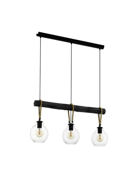 Lampe à suspension RODING avec 3 abat-jour en verre et cordes de chanvre, 3XE27