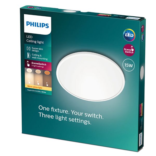 Plafonnier rond SUPERSLIM 15W blanc 2700K/4000K, réglable en intensité