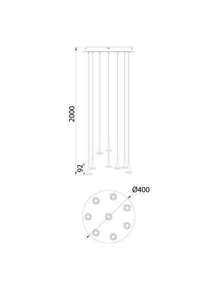 Plafonnier avec 8 suspensions LED ANDROMEDA en forme de goutte, or 40W 3000K 4000Lm, base ronde