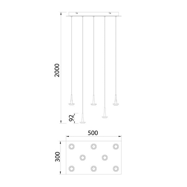 Candeeiro de teto com 8 luminárias pendentes LED ANDROMEDA em forma de lágrima, ouro 40W 3000K 4000Lm, base retangular