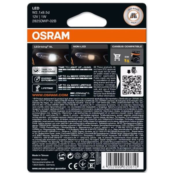 Trasera de caja Bombillas LED Osram T10 6000K 12V 1W (2Uds) LEDriving SL 2825DWP-2BL | Leonleds