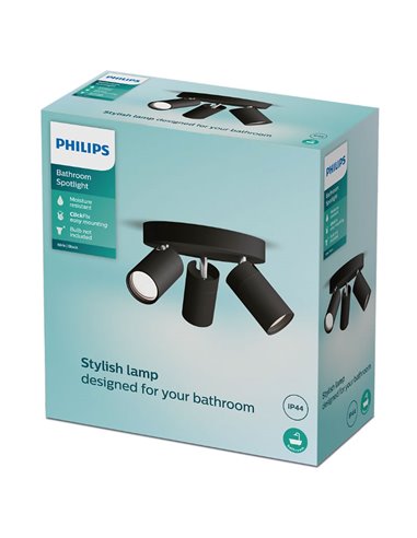 Plafón de techo redondo con 3 Focos de techo para baños IDRIS 3xGU10 (No incl) Negro, ClickFix